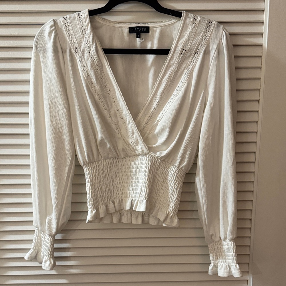 1.STATE Women's Cream Smocked Blouse